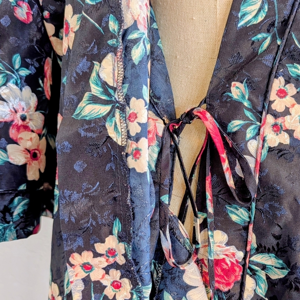 Vintage Erika Taylor Floral Satin Kimono Robe Duster Cottagecore Lounge Boho M - Picture 5 of 11